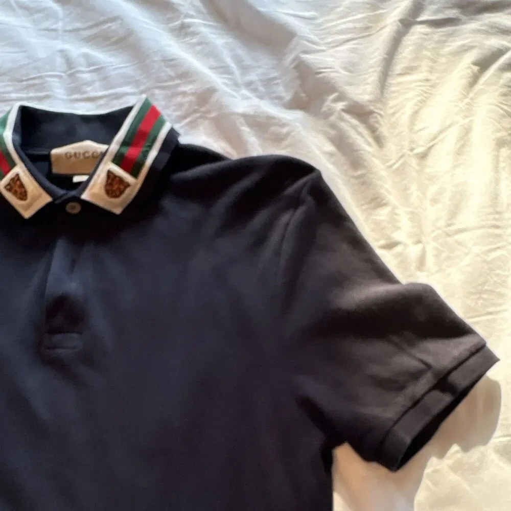 Gucci Men's Navy Cotton Short Sleeve Polo Web Stripe Tiger Collar Logo M